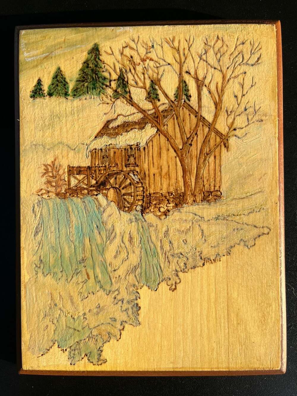 Vintage Pyrography Wall Art Water Mill Scene on Wood Panel